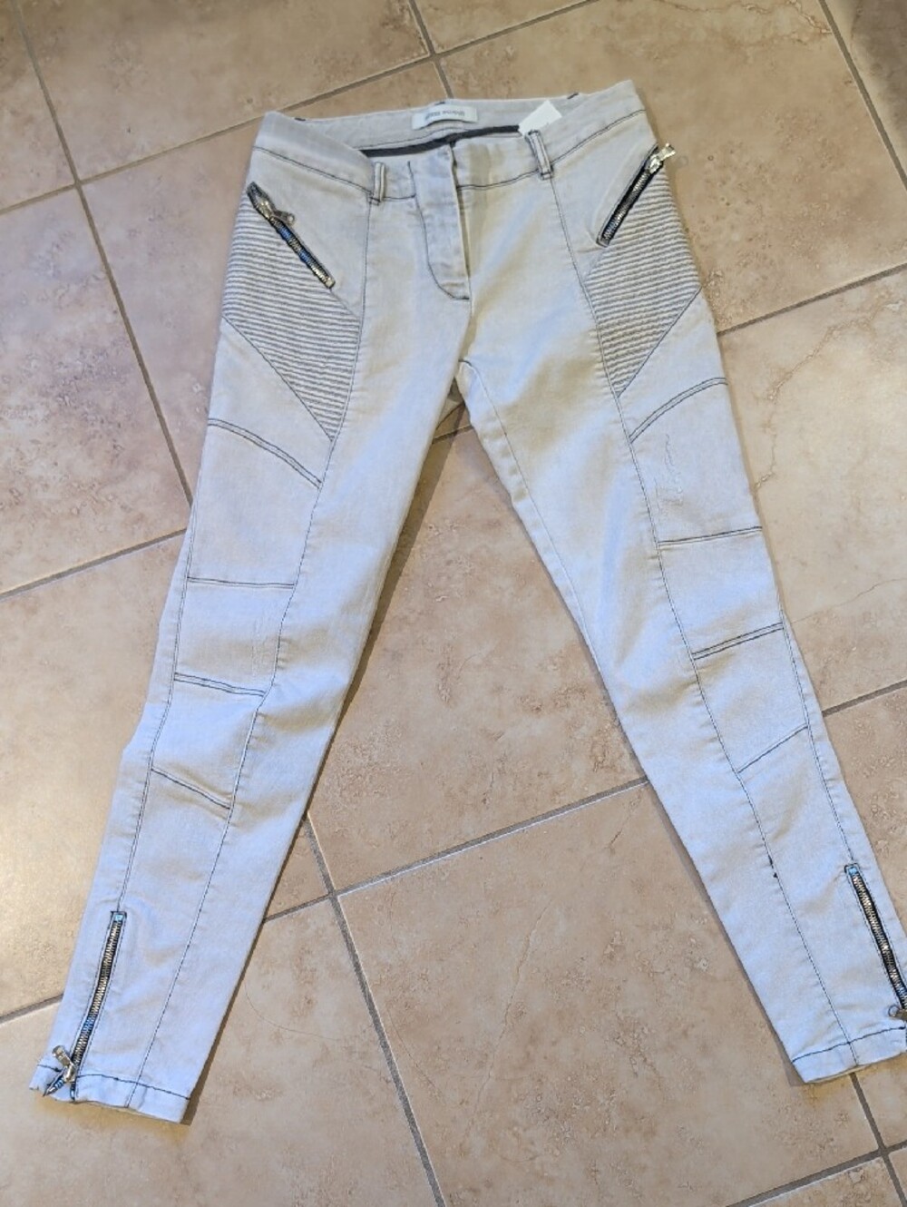 Pierre Balmain Light Wash Ribbed Moto Biker Jeans Size 26